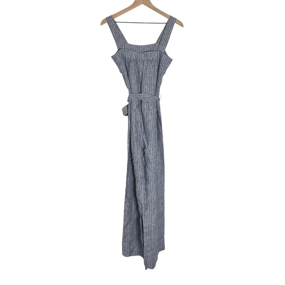 Quince Linen Wide Leg Jumpsuit Blue White Pinstripe Sleeveless Belted XS New